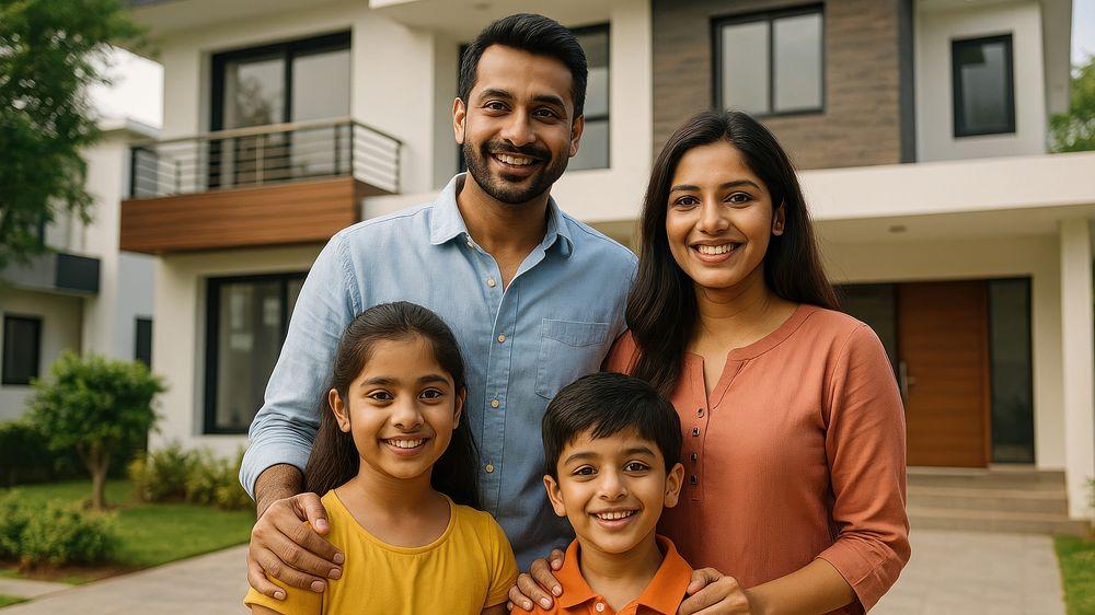 Family standing in front of their home